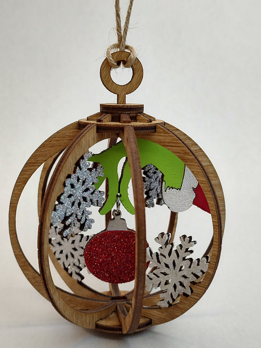 Grinch hand ball ornament